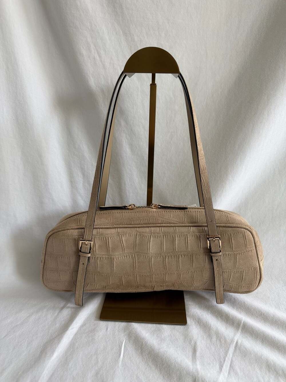 H&M Faux Suede Crocodile Embossed Shoulder Bag Tan